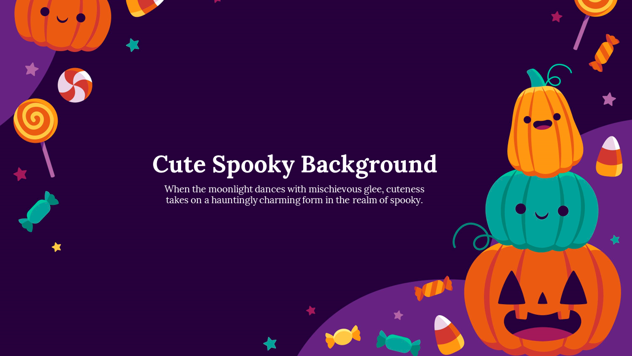 Halloween themed scene with stacked pumpkins, colorful candy, and small stars, all set on a purple background.