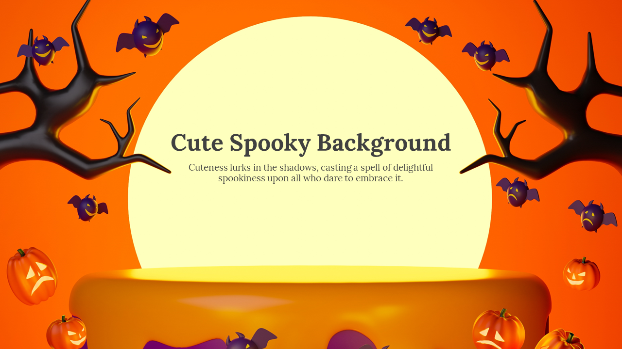 Halloween scene with a glowing moon, flying bats, and pumpkins surrounded by spooky trees on a vibrant orange backdrop.
