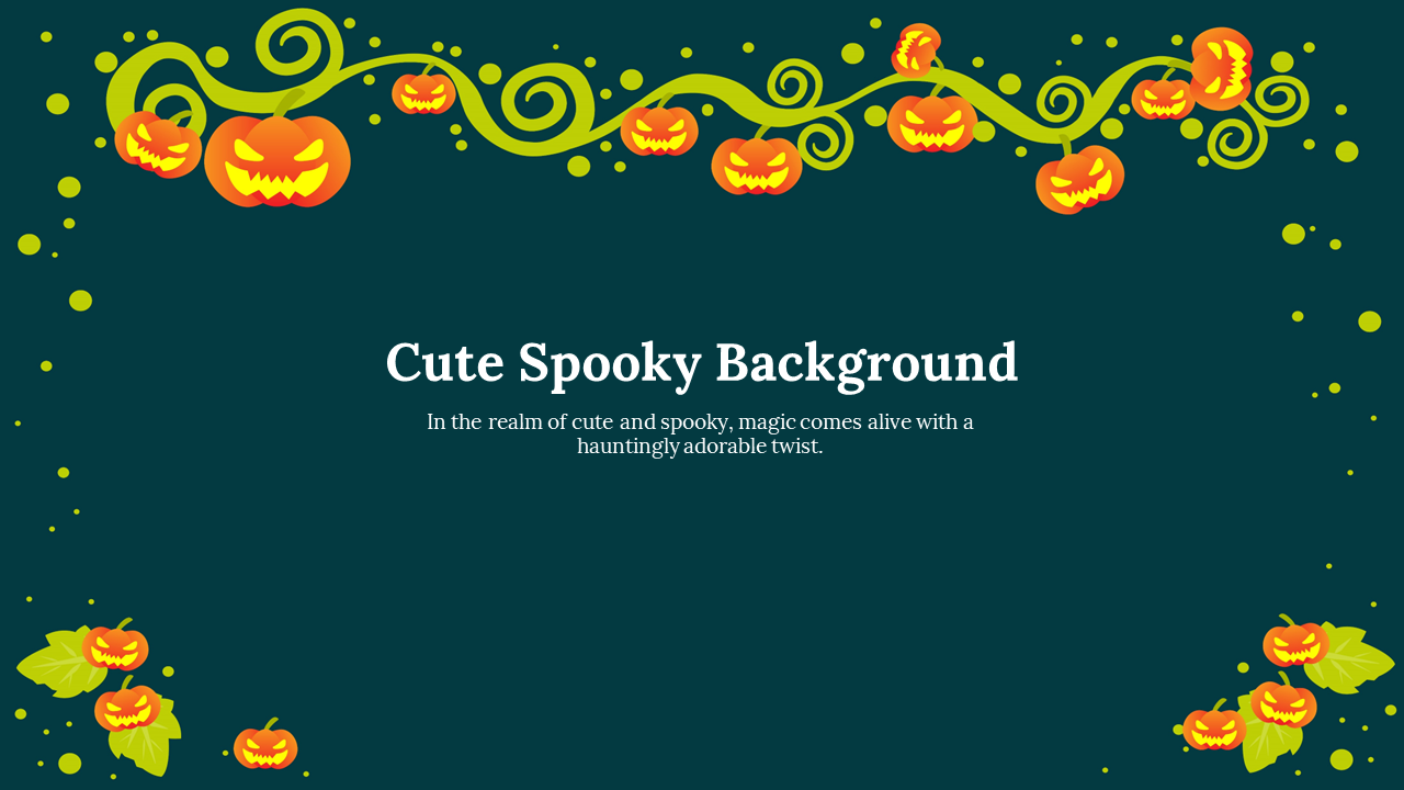 Halloween themed slide with bright orange pumpkins and twisting yellow vines set against a dark green backdrop.
