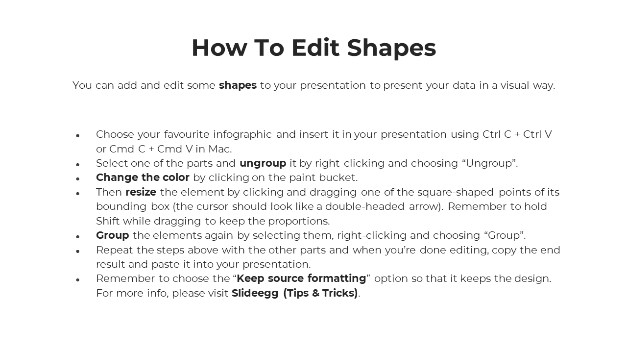 Tutorial slide on editing and formatting shapes, including grouping and resizing visual elements in an infographic.