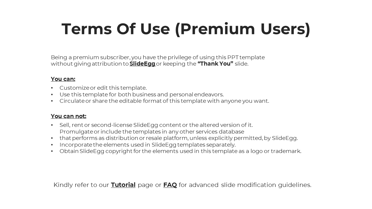 Slide describing the usage terms for premium users of a PowerPoint template, with key points listed in a simple format.