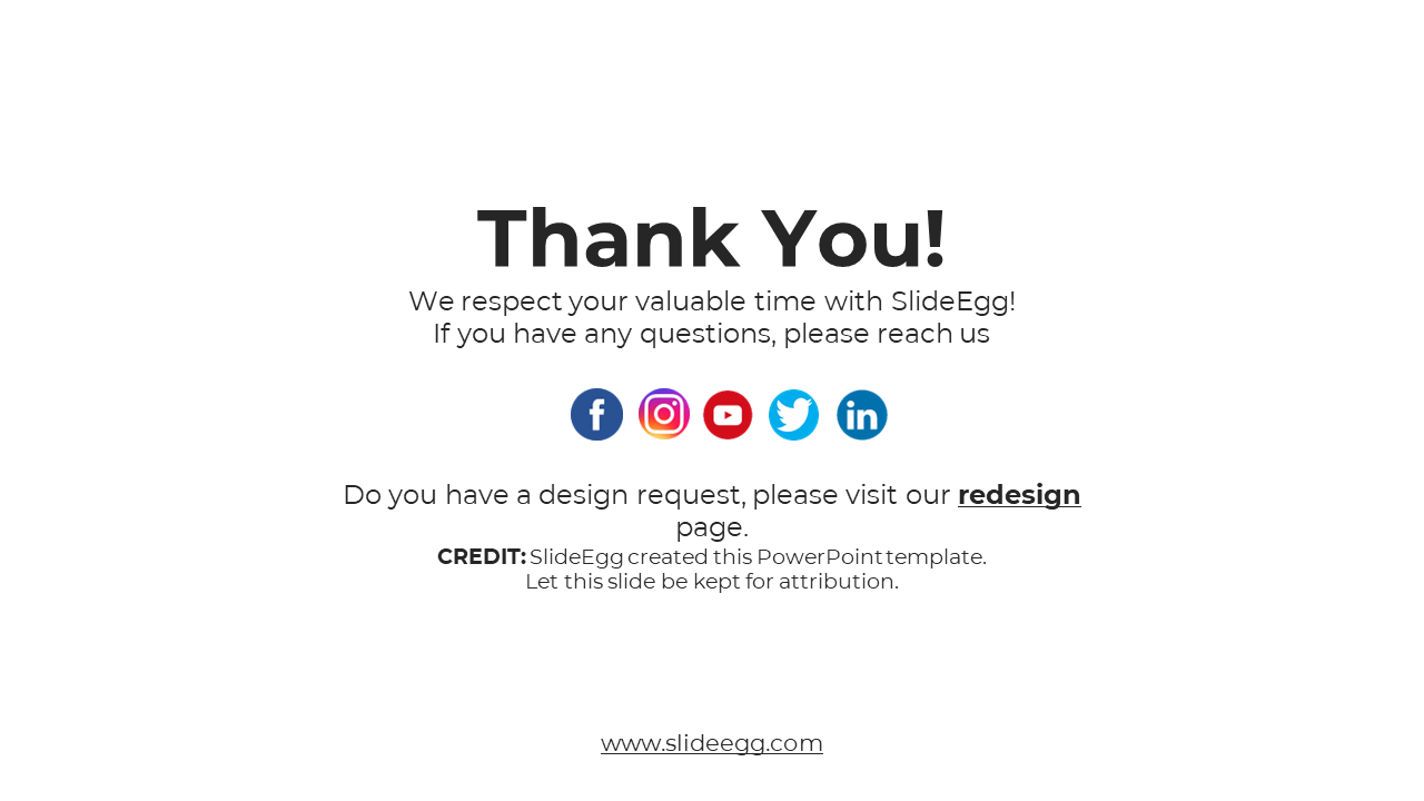 Minimalistic slide with a thank you message, social media icons, and attribution credits at the bottom.