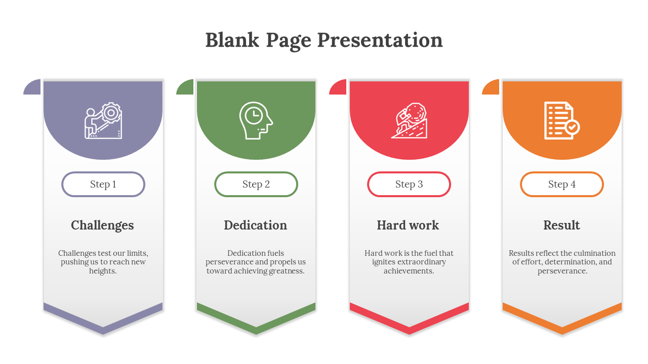 Four vertical banners in shades of purple, green, red, and orange, each labeled with a step number and icons.