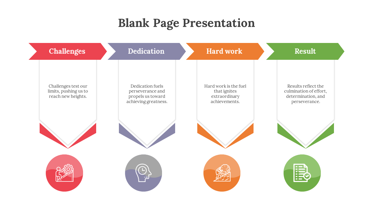 Presentation with colored banners in red, blue, orange, and green, featuring text within, and circular icons below.
