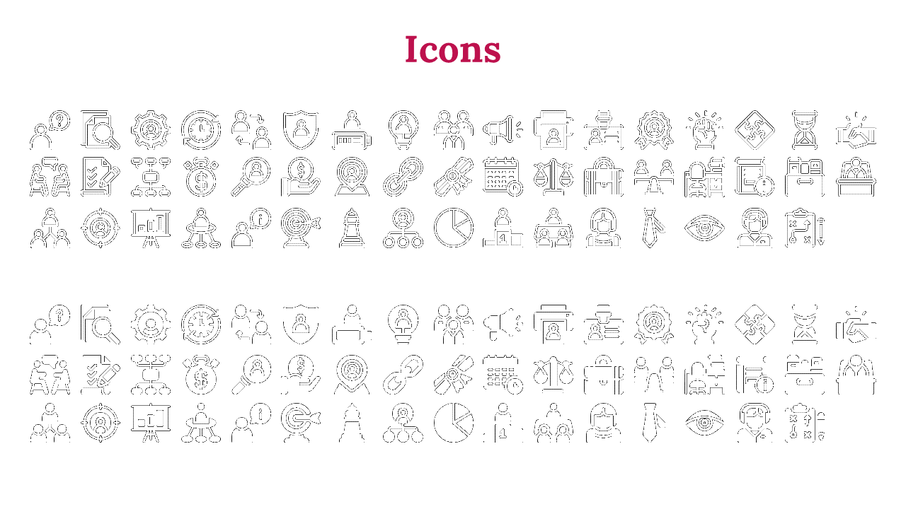 Grid of outlined and solid filled black icons, featuring professional and business symbols, under red title.