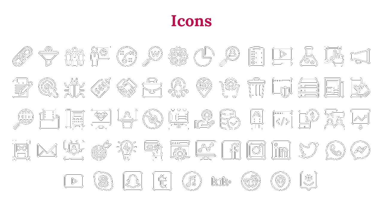Collection of black and white icons arranged in rows, representing social media, analytics, and tools, under bold red title.