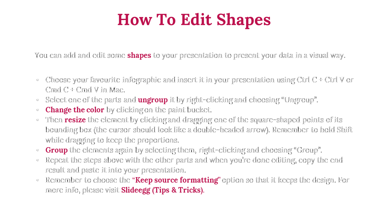 Step by step guide on editing shapes in PowerPoint, including tips for ungrouping, resizing, and grouping, under red title.