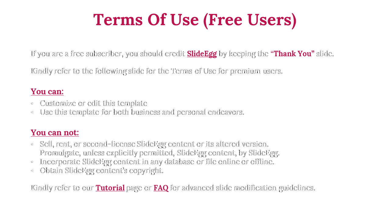 Terms of use slide with organized text in red and black, bullet points for premium user guidelines on a white background.