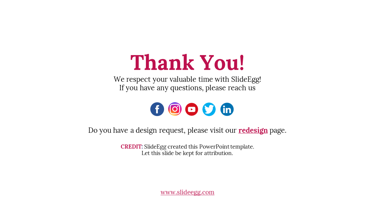 Thank you message in red with contact options via social media, a design request link, and credit below.