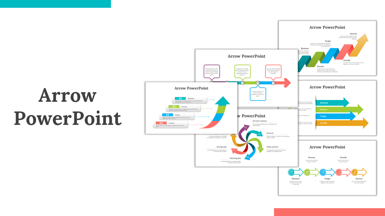 Slide deck featuring colorful arrows in different designs, including zigzag, curved, and linear arrangements with labels.