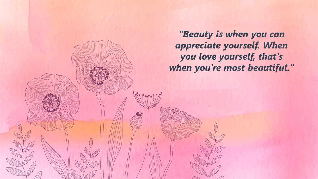 Soft pink watercolor background with delicate line drawn poppy flowers and leaves, with an quote on the right.