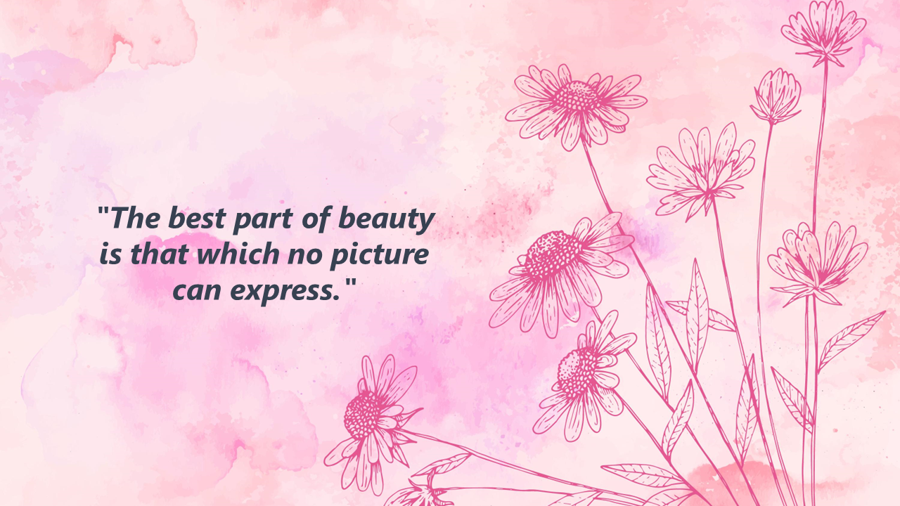 Soft watercolor background in pink tones with delicate line drawing flowers at the right corner and a quote on left.