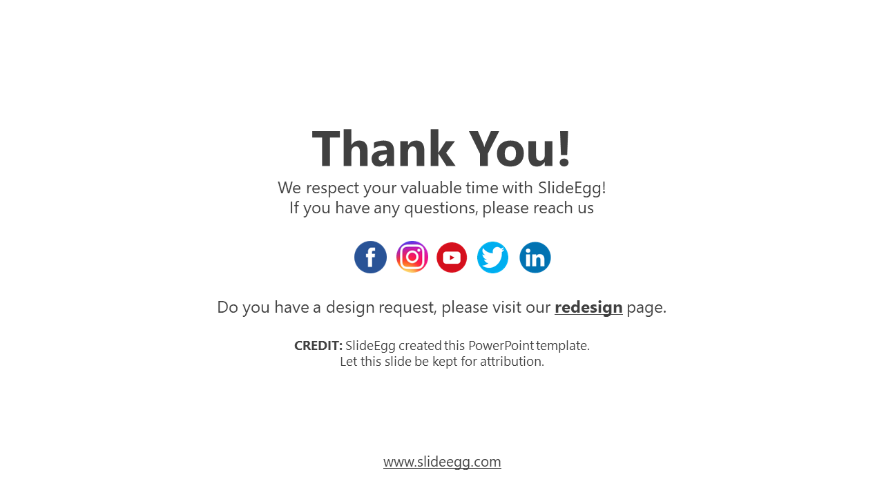 Thank you slide with a message, social media links and a credit note for the PowerPoint template.