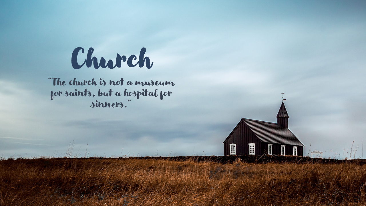 Religious-themed slide deck with images of countryside and mountain churches, each slide containing faith-centered quotes.
