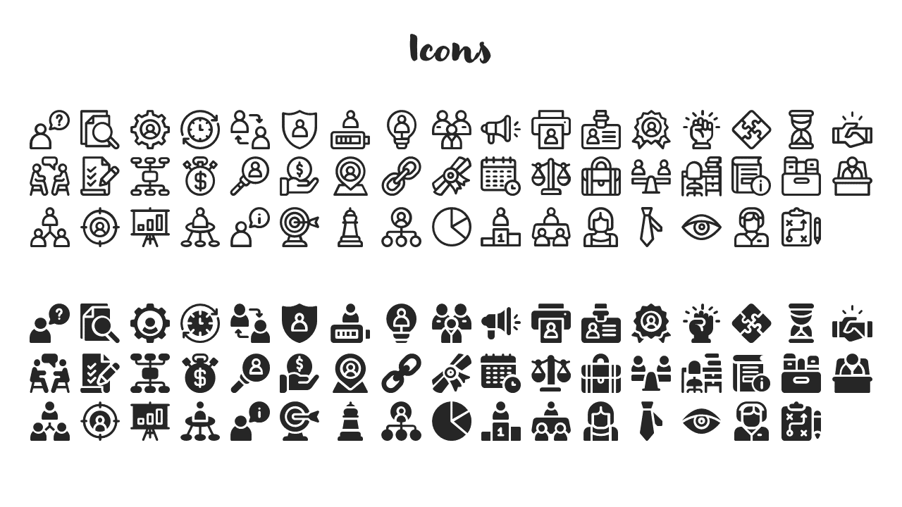 Two sets of black icons, featuring a mix of outlined and solid filled shapes, illustrate business and teamwork ideas.