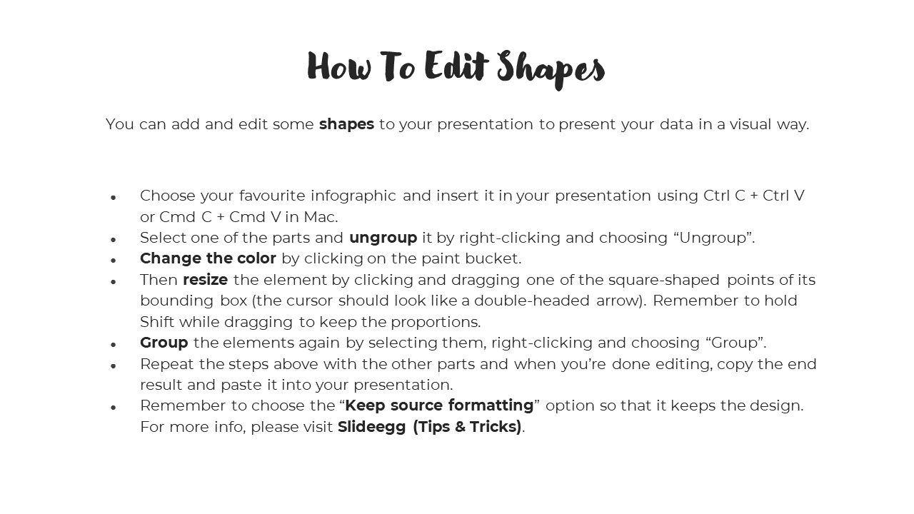 Tutorial slide with instructions on editing shapes, featuring steps for changing colors and resizing, with a link.