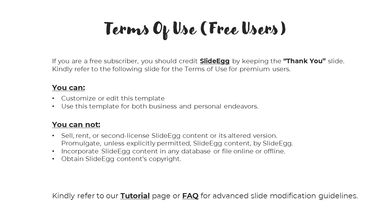 Free user terms with guidelines on editing templates, crediting SlideEgg, and restrictions on sharing and reselling.