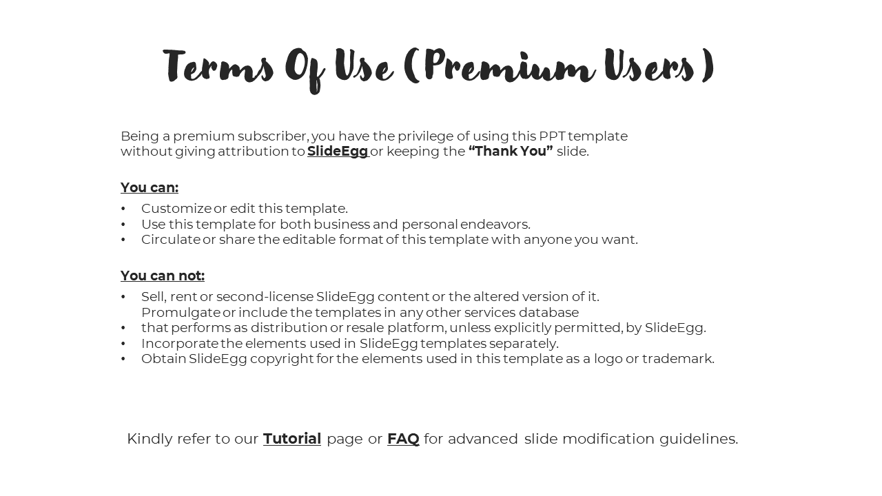 Slide outlining terms for premium users, including rules for customizing, sharing, and distributing a template, with links.