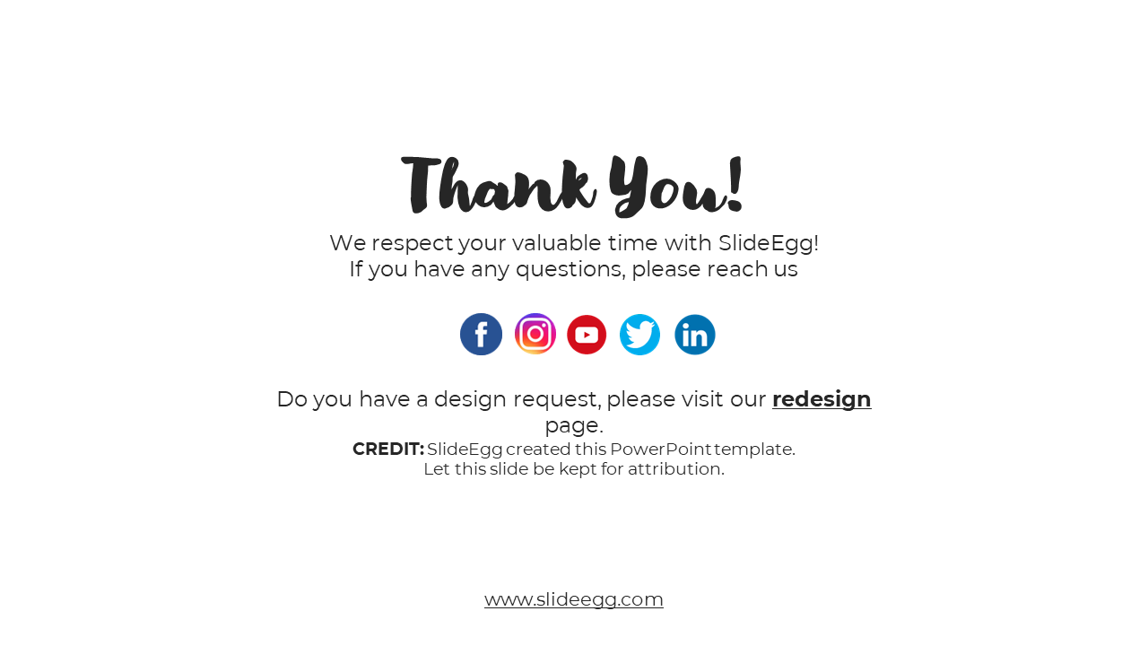 Final slide saying thank you with social media icons and a redesign page link, along with credit for SlideEgg.