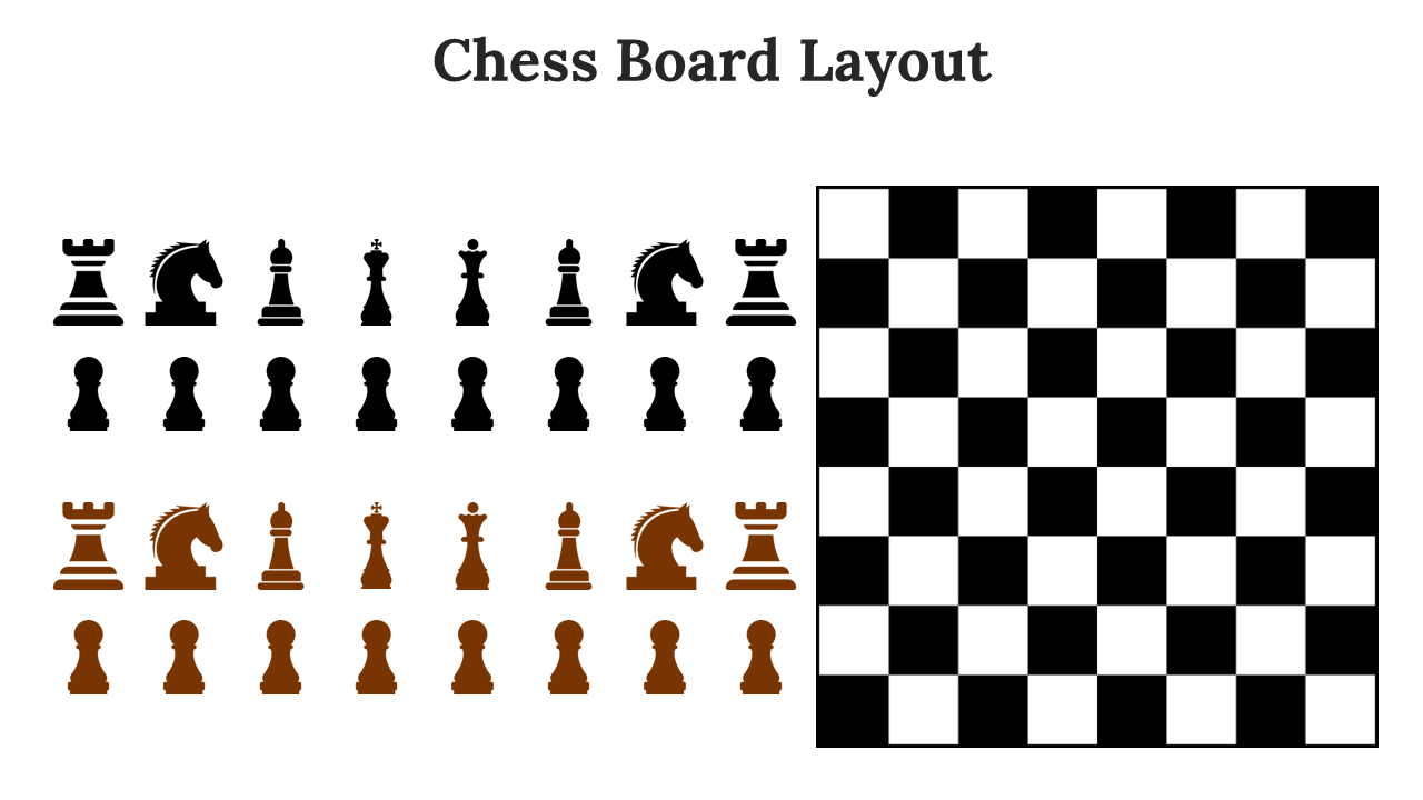 Illustrations of chess pieces in black and brown, displayed beside a chessboard grid, showing alternating squares.