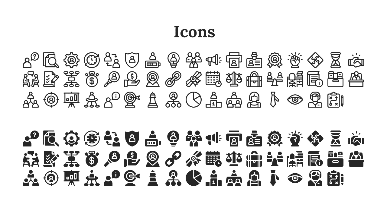 Grid of outlined and solid filled black icons, arranged in rows, featuring professional and business related symbols.