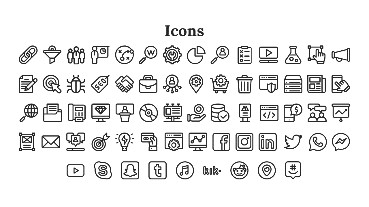 Slide with black outlined icons featuring business, security, analytics, and various professional tools, arranged in rows.