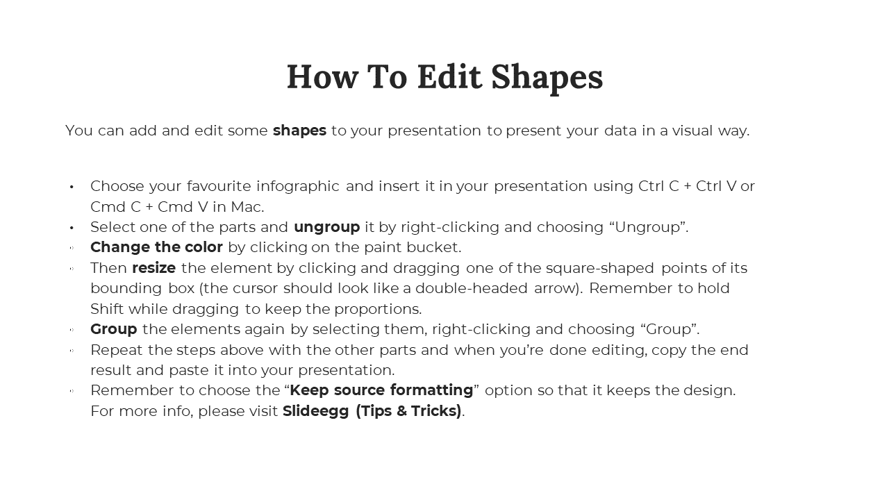 Instructional slide with steps on how to edit shapes in a presentation, with bullet points and instructions.