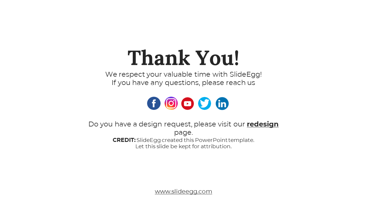 Thank you note slide featuring social media icons, a credit line, and a link for design requests on the redesign page.
