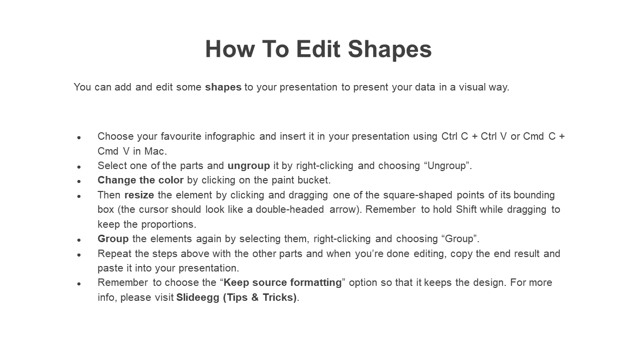 White slide with bullet points on how to copy, modify, and format shapes in a PowerPoint using basic editing tools.