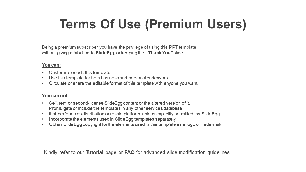 White slide with bold title and bullet points listing what premium users can and cannot do with SlideEgg templates.