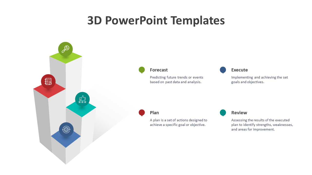 Four 3D blocks in red, green, blue, and teal, each containing a circular icon and matching description on the right.