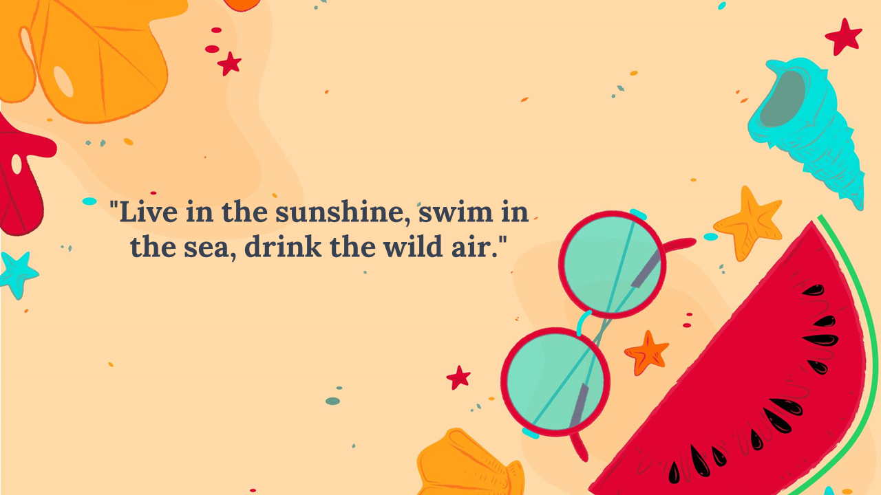 Fun summer illustration with a red watermelon slice, starfish, and sunglasses, set on a light orange background.