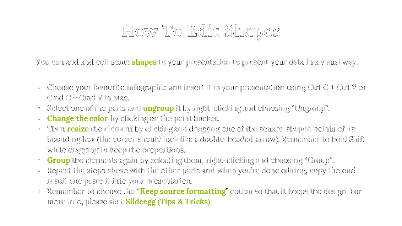 White backdrop with how to edit shapes title, followed by instructions on editing shapes in green highlighted bullet points.