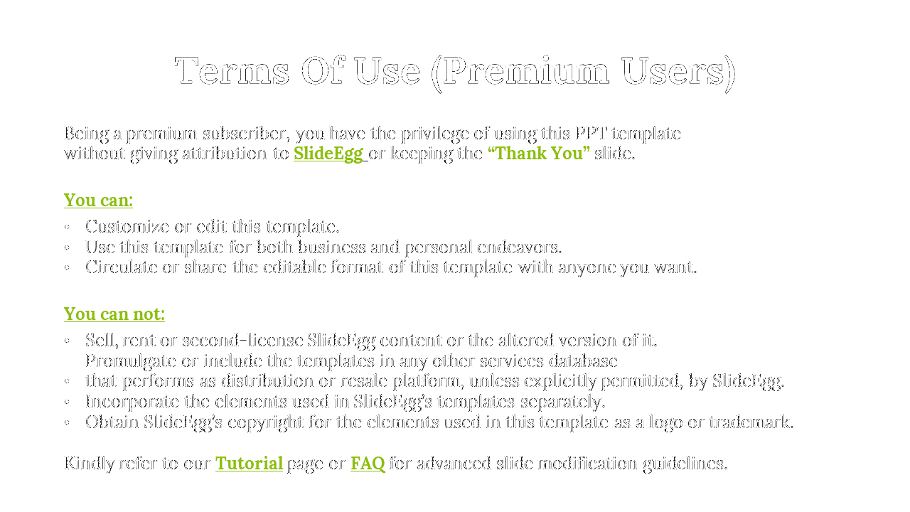 Terms of use slide, followed by green highlighted text outlining the usage rights and restrictions in bullet points.