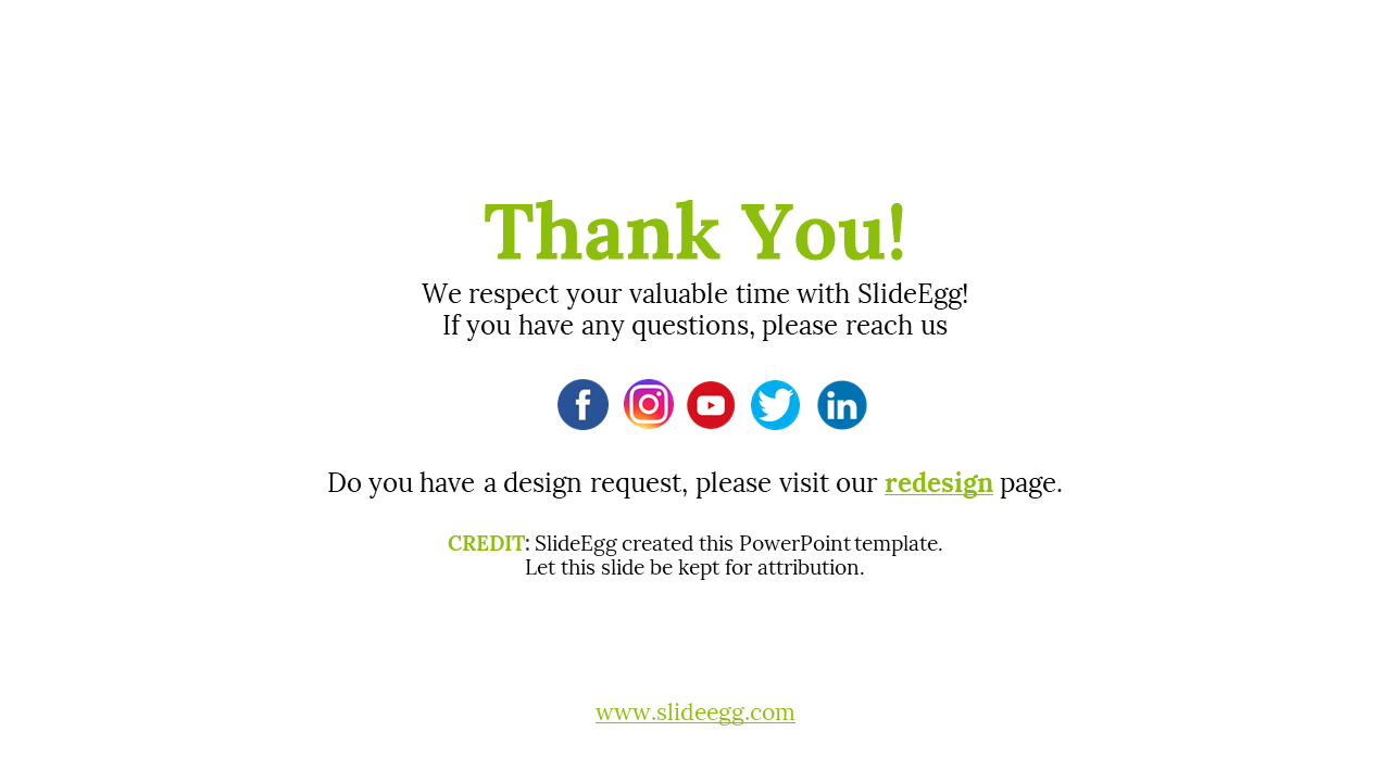 White background with thank you in large green font, social media icons below, and attribution text at the bottom.