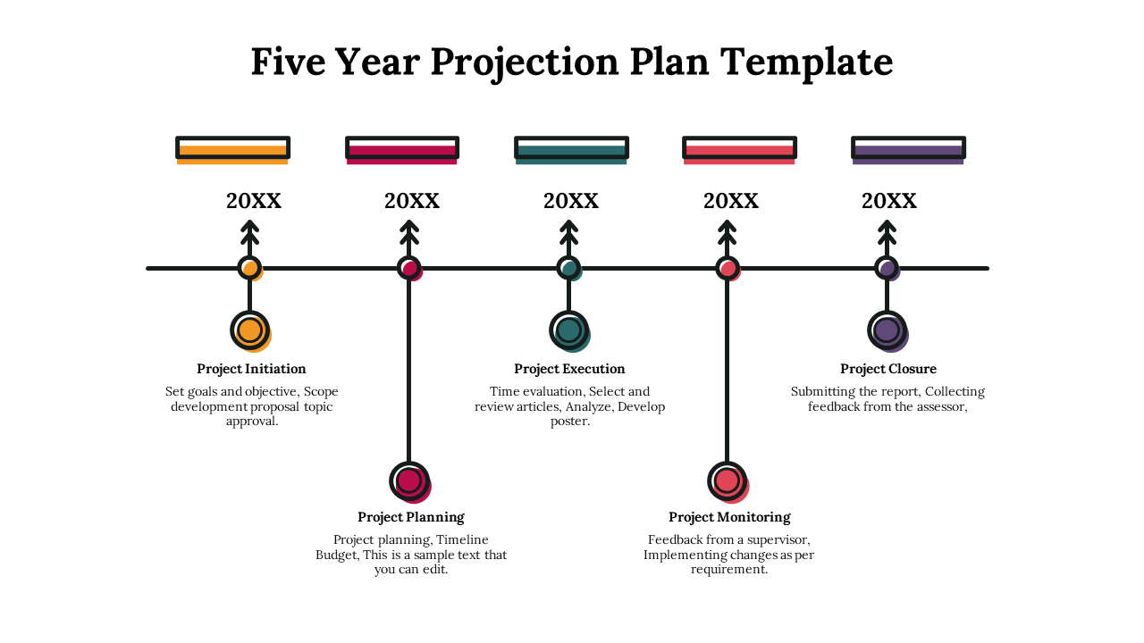 Horizontal layout with five circles in yellow, red, green, orange, and purple, and arrows pointing upward with matching bars.