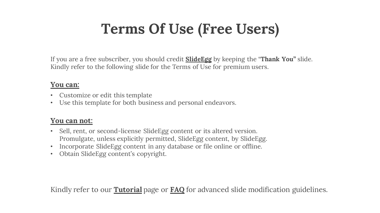 Gray text outlining terms for free users, with a bold title and detailed list of actions under can and can not sections.