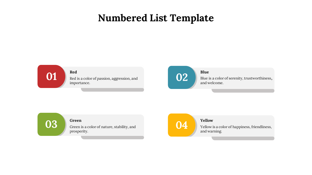 Four numbered labels in red, blue, green, and yellow, paired with a color description in gray rectangle.