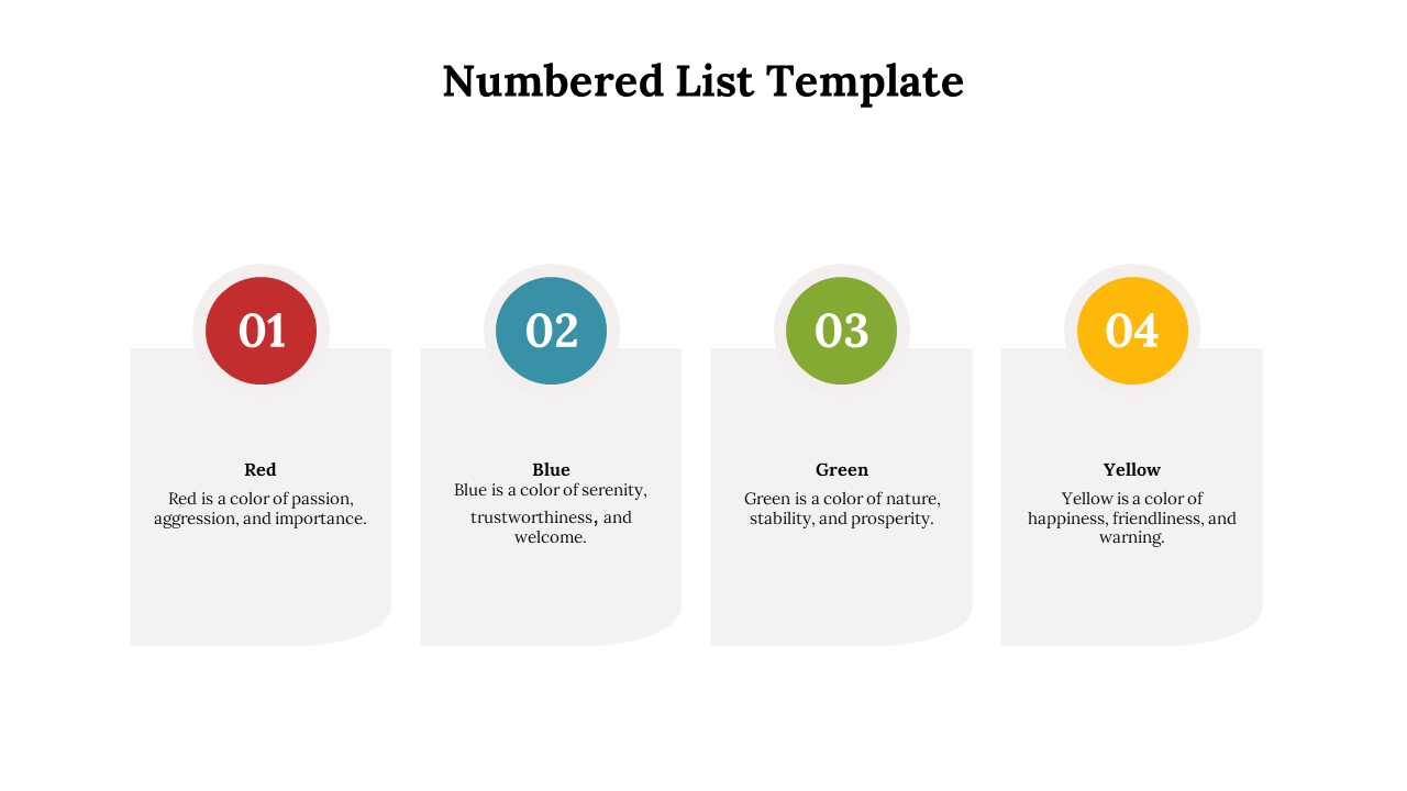 Four numbered circular labels in red, blue, green, and yellow, paired with square description box in gray.