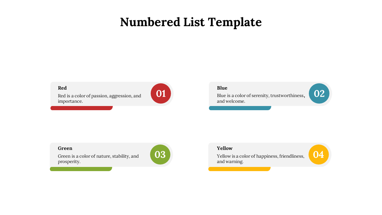 Four horizontal rectangular tags with circular numbered labels in red, blue, green, and yellow.