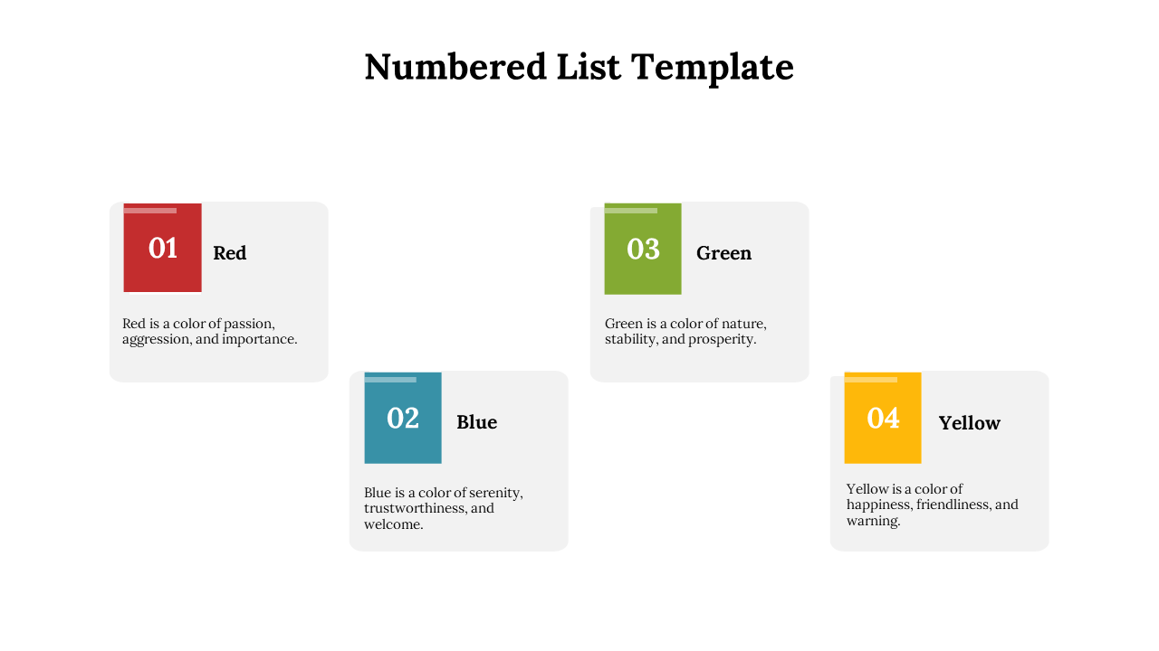 Four square labels in red, blue, green, and yellow with numbered labels 01 to 04, paired with gray text boxes.