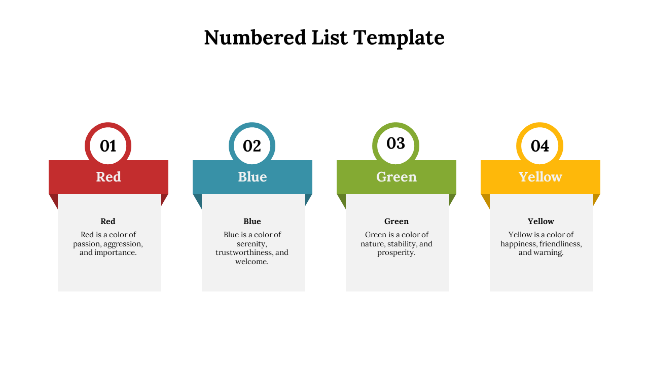 Four rectangular gray boxes with headers and circular numbered tags in red, blue, green, and yellow.