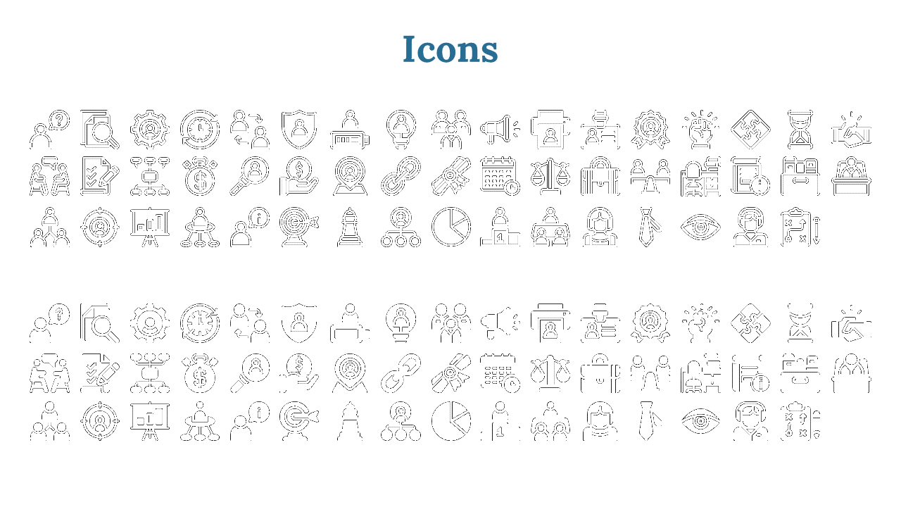 Rows of outlined and filled icons on a white backdrop, depicting business and technology concepts, with blue title.