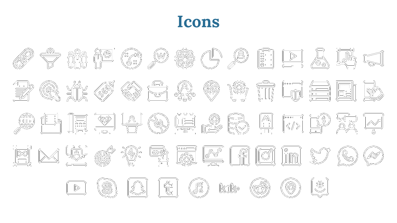 White background with rows of icons representing business and technology concepts, under blue centered title.