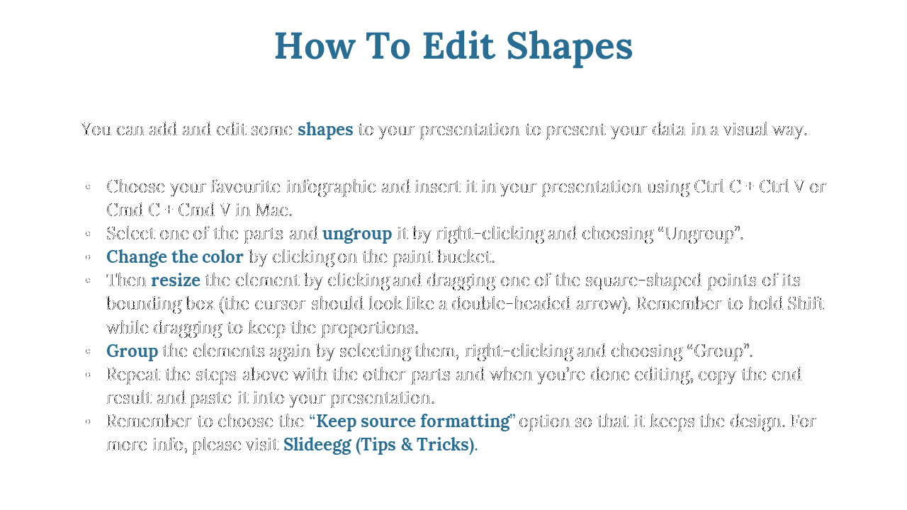 White backdrop with a blue header titled how to edit shapes, followed by instructions on editing shapes in bullet points.
