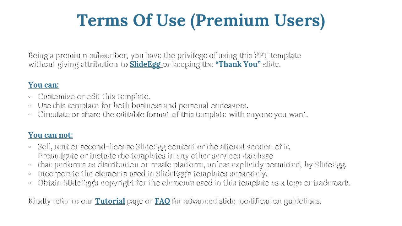 White slide with blue terms of use title, followed by text outlining the usage rights and restrictions in bullet points.