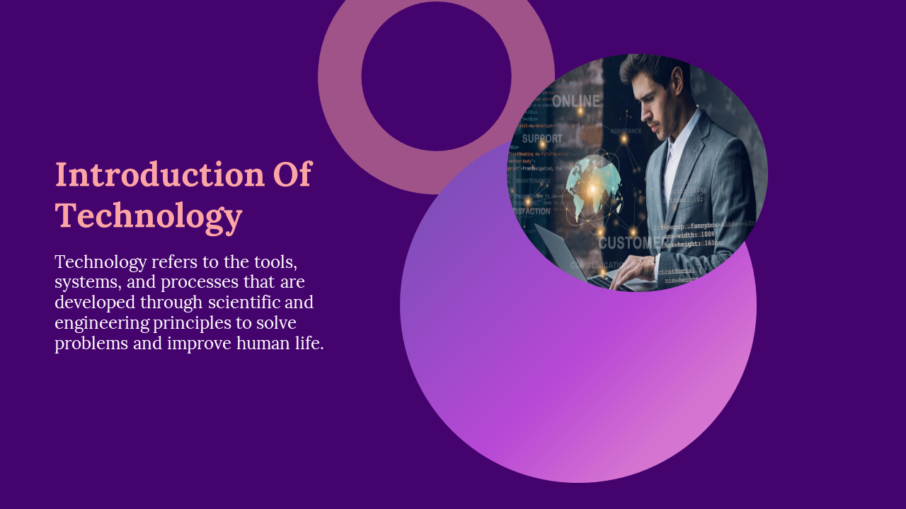 Slide with a professional man working on a laptop with digital elements, against a dark purple background.