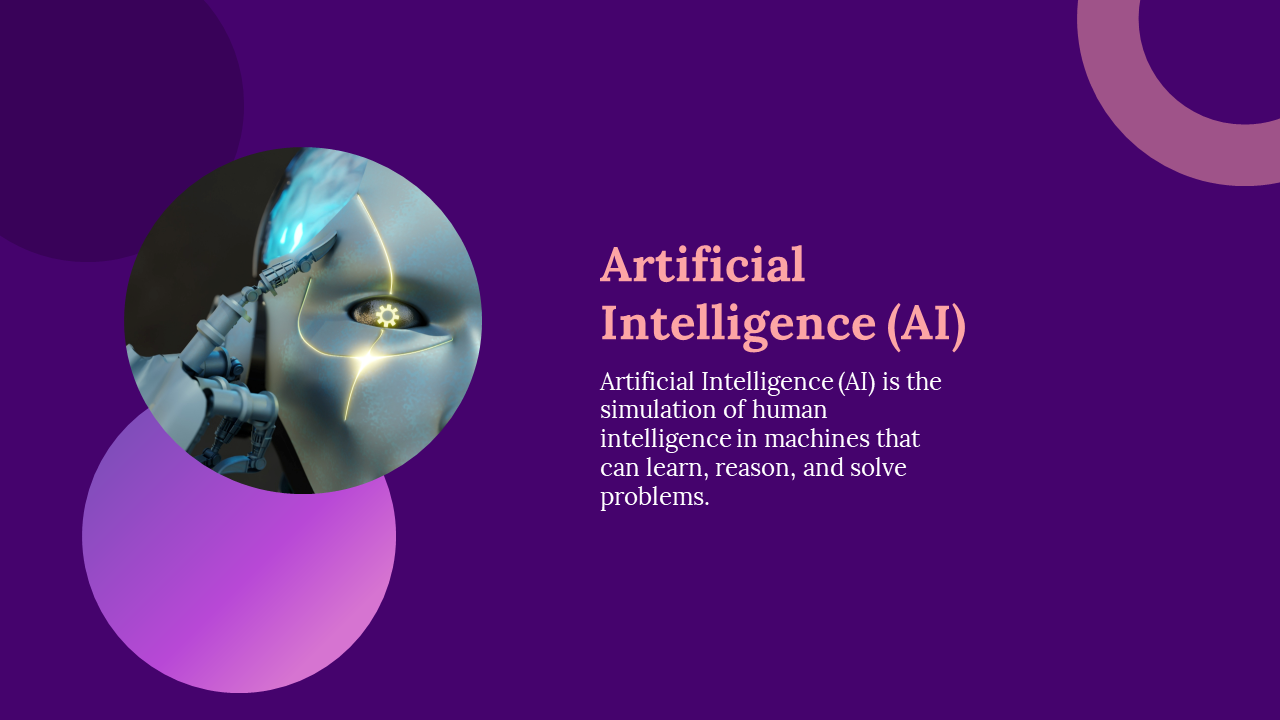 A robotic arm interacting with a futuristic face, featuring glowing elements around the eye, set against a purple background.
