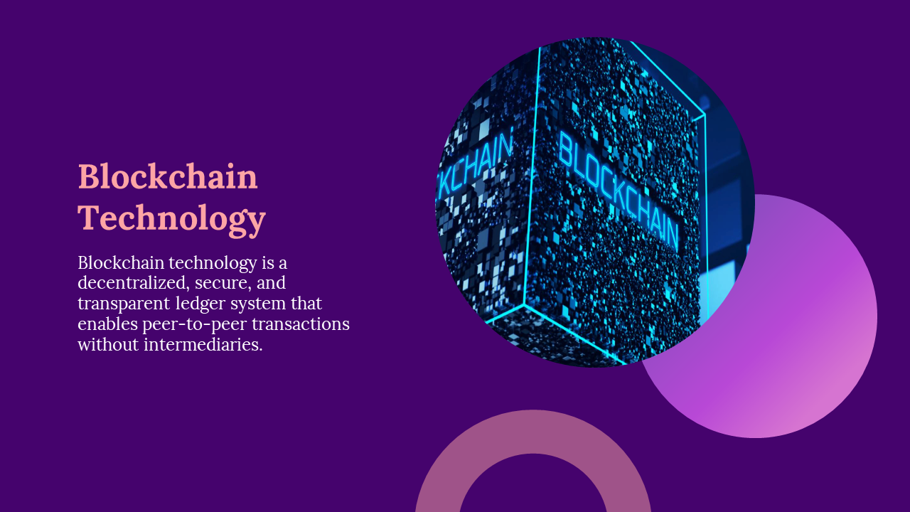 Close up of a 3D blockchain visual with blue neon text on a floating cube, surrounded by purple geometric elements.