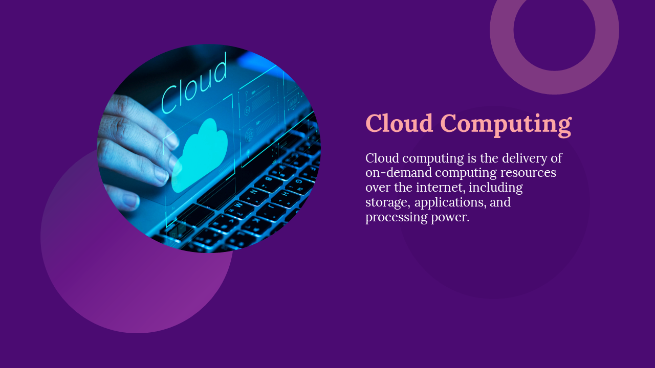 A hand interacting with a digital cloud symbol on a laptop screen, set against a purple background with abstract circles.